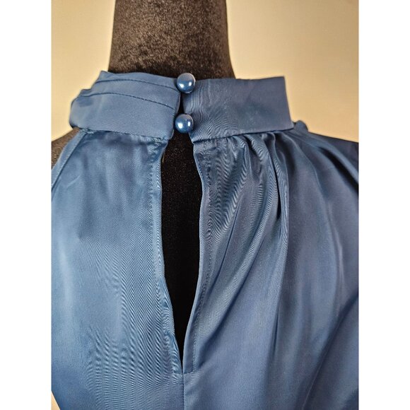 Elegant Womens Navy Satin Halter Neck Midi Dress Keyhole Pearl Size S Wedding - Picture 9 of 12